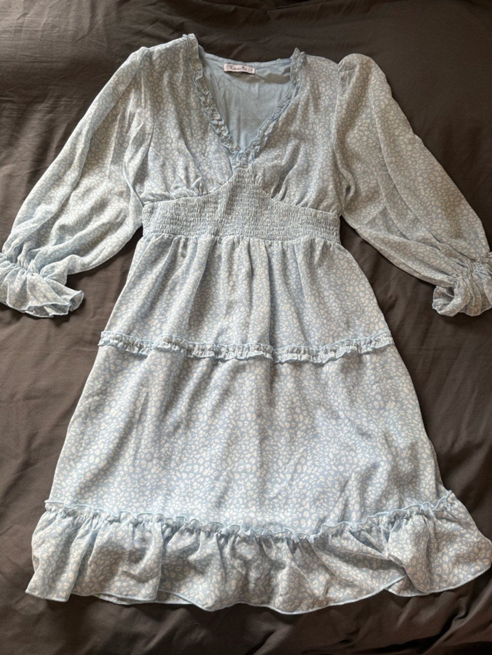 Light Blue Floral Long Sleeve Dress - Casual Ruffle Hem